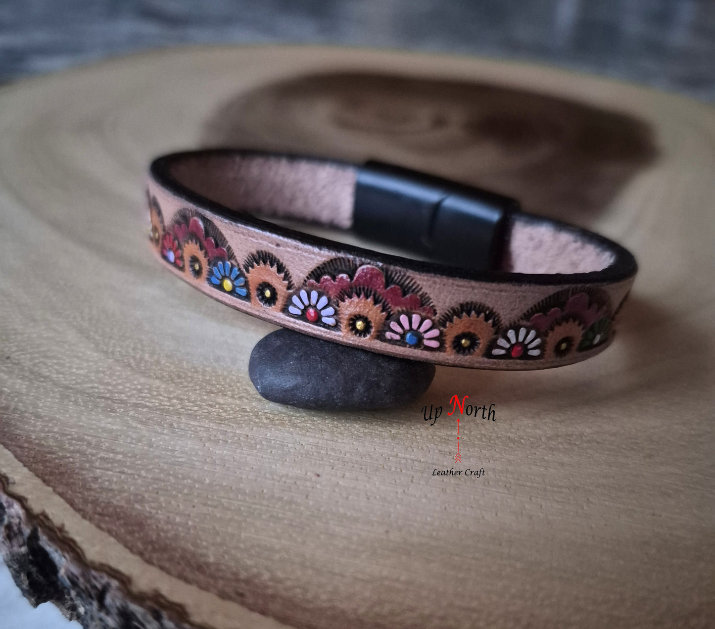 (11BR25) Leather Bracelet - Sunset Flowers