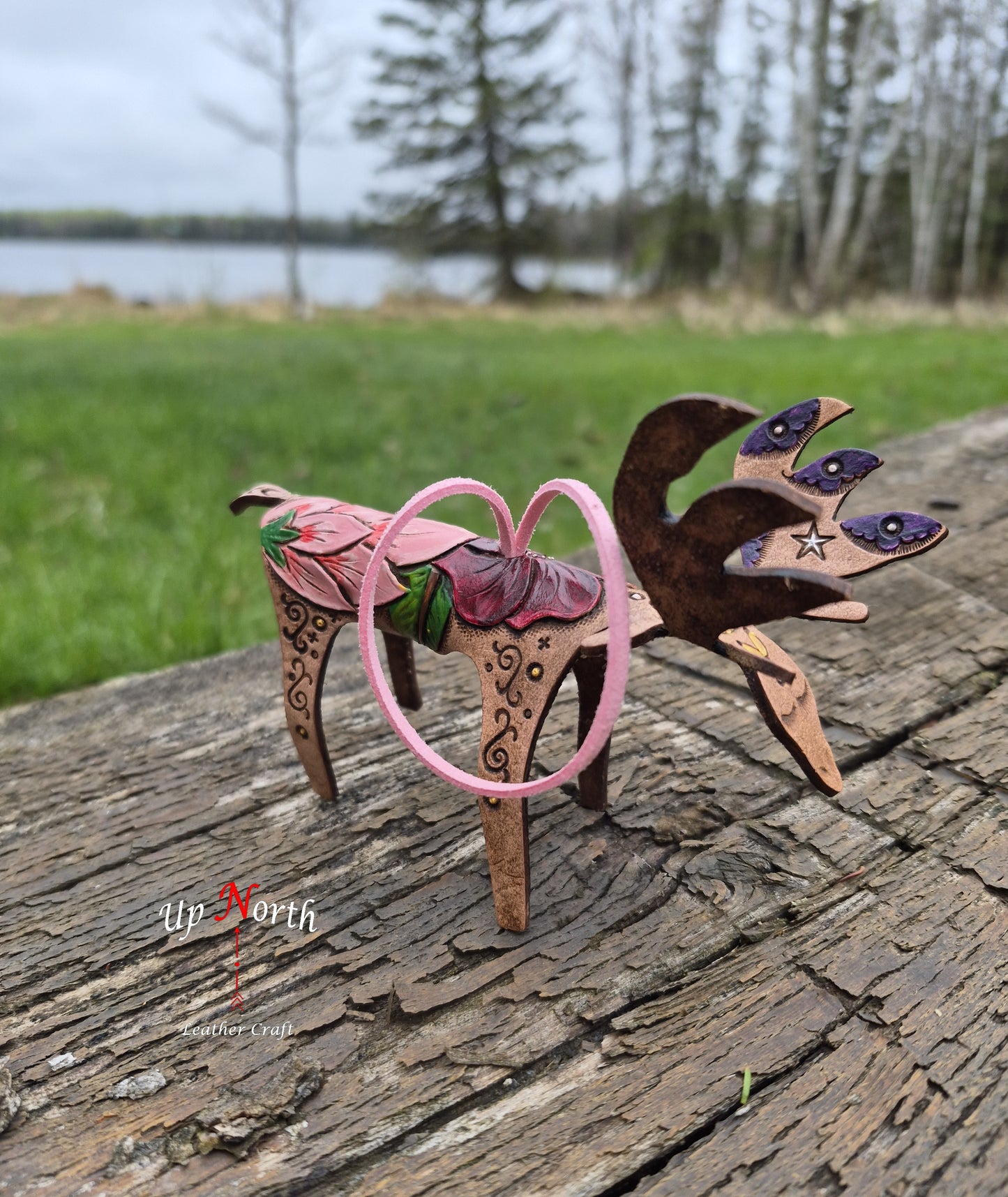 (07OM26) Leather Moose Ornament - Pink Lupine