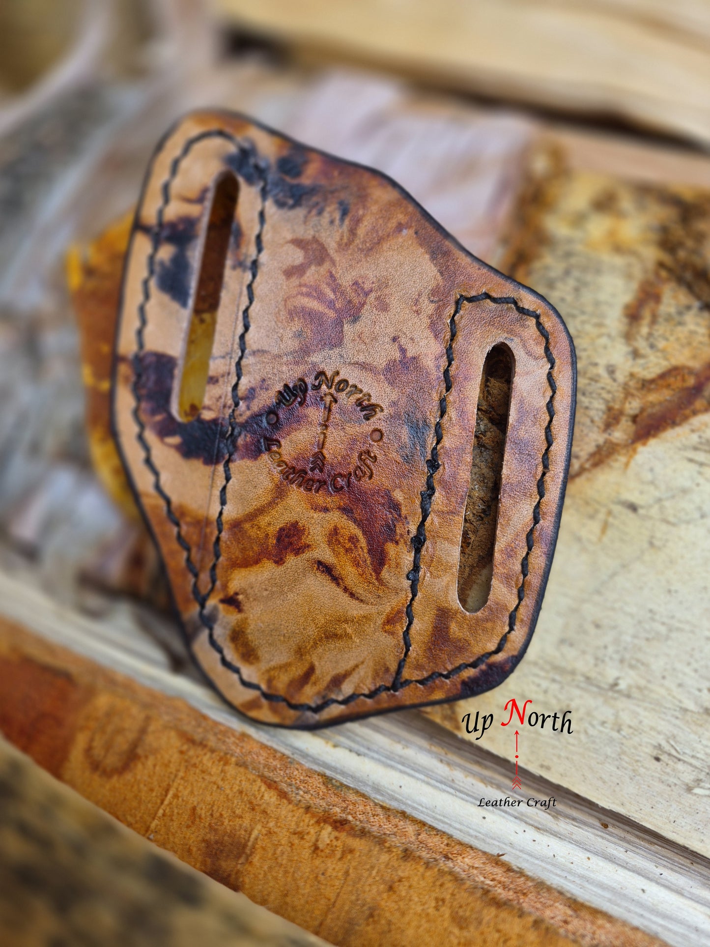 (07PK26) Leather Pocket Knife Sheath - Autumn Forest Camouflage