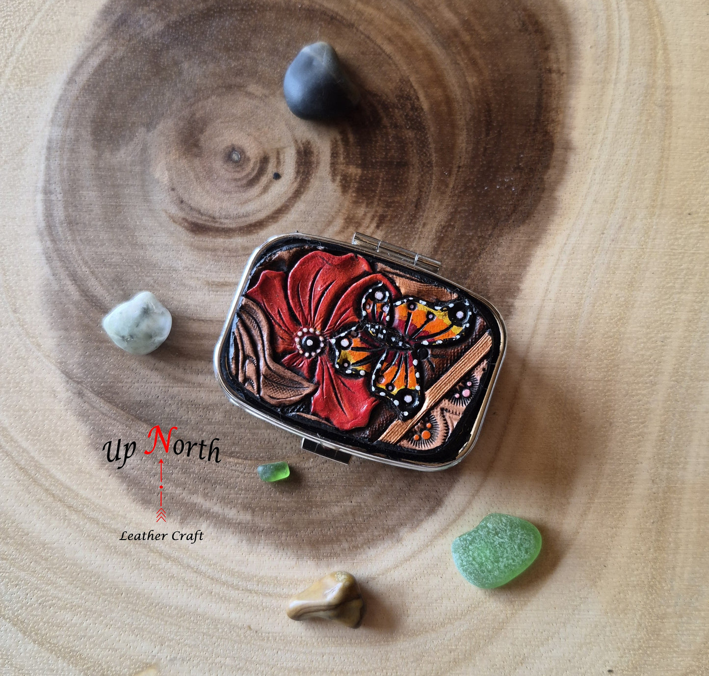 (10PP25) Metal Pill Box with Leather Patch - Red Flower Butterfly