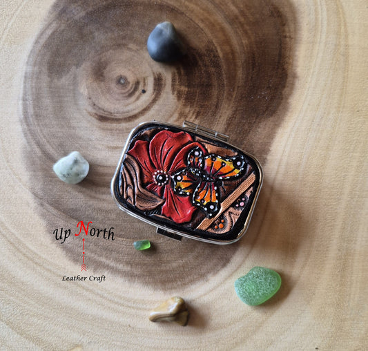 (10PP25) Metal Pill Box with Leather Patch - Red Flower Butterfly