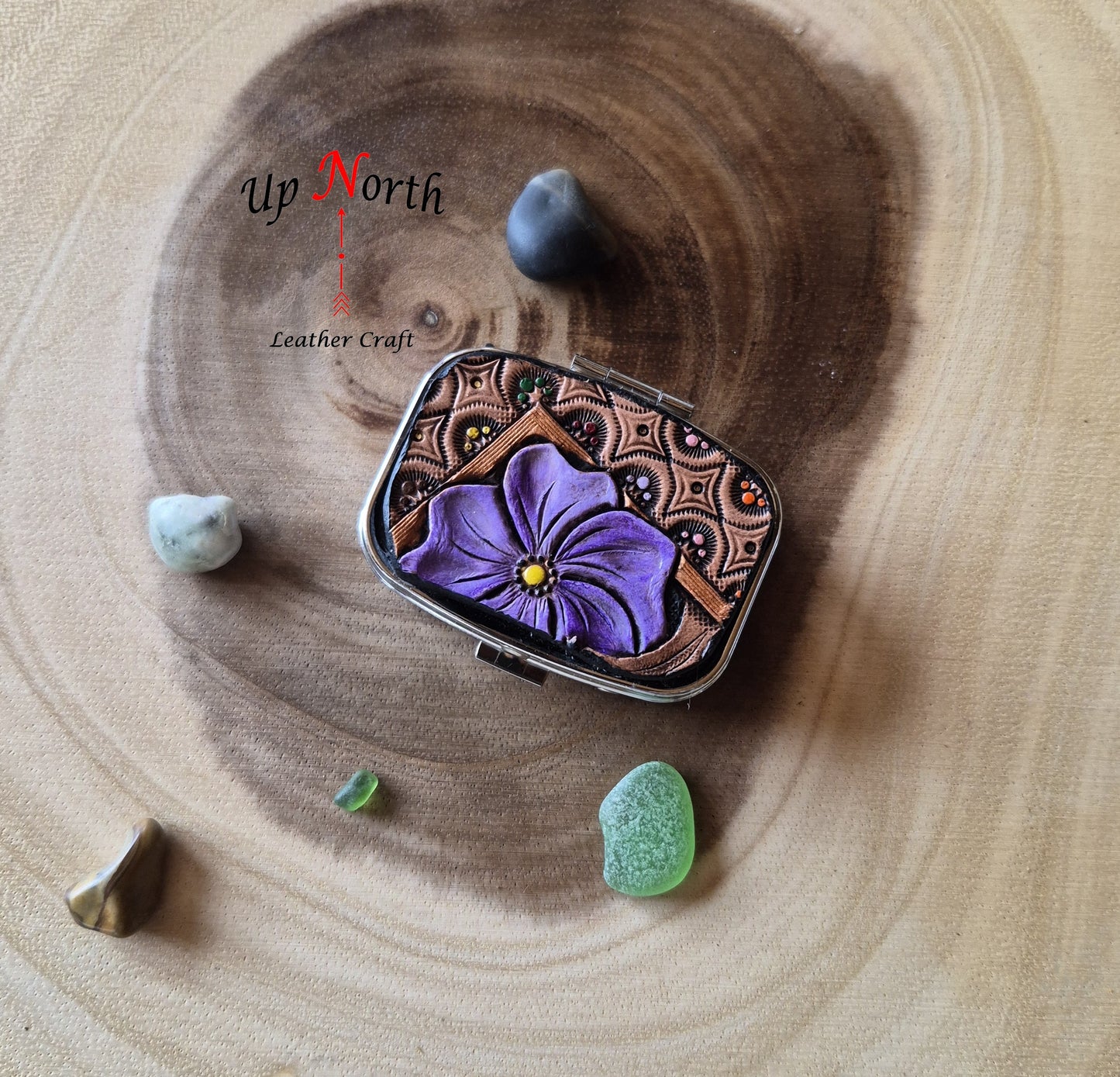 (11PP25) Metal Pill Box with Leather Patch - Artsy