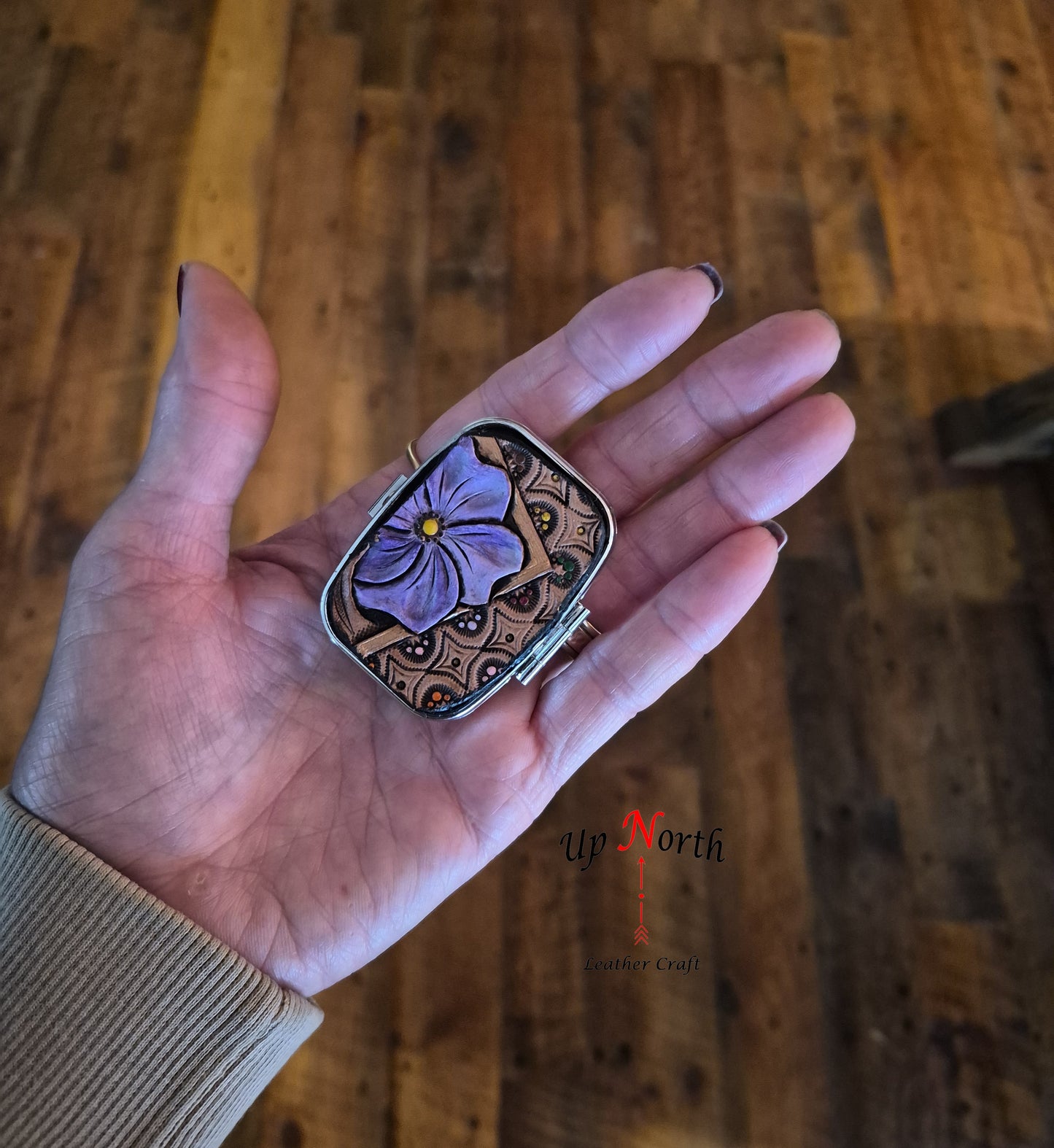 (11PP25) Metal Pill Box with Leather Patch - Artsy