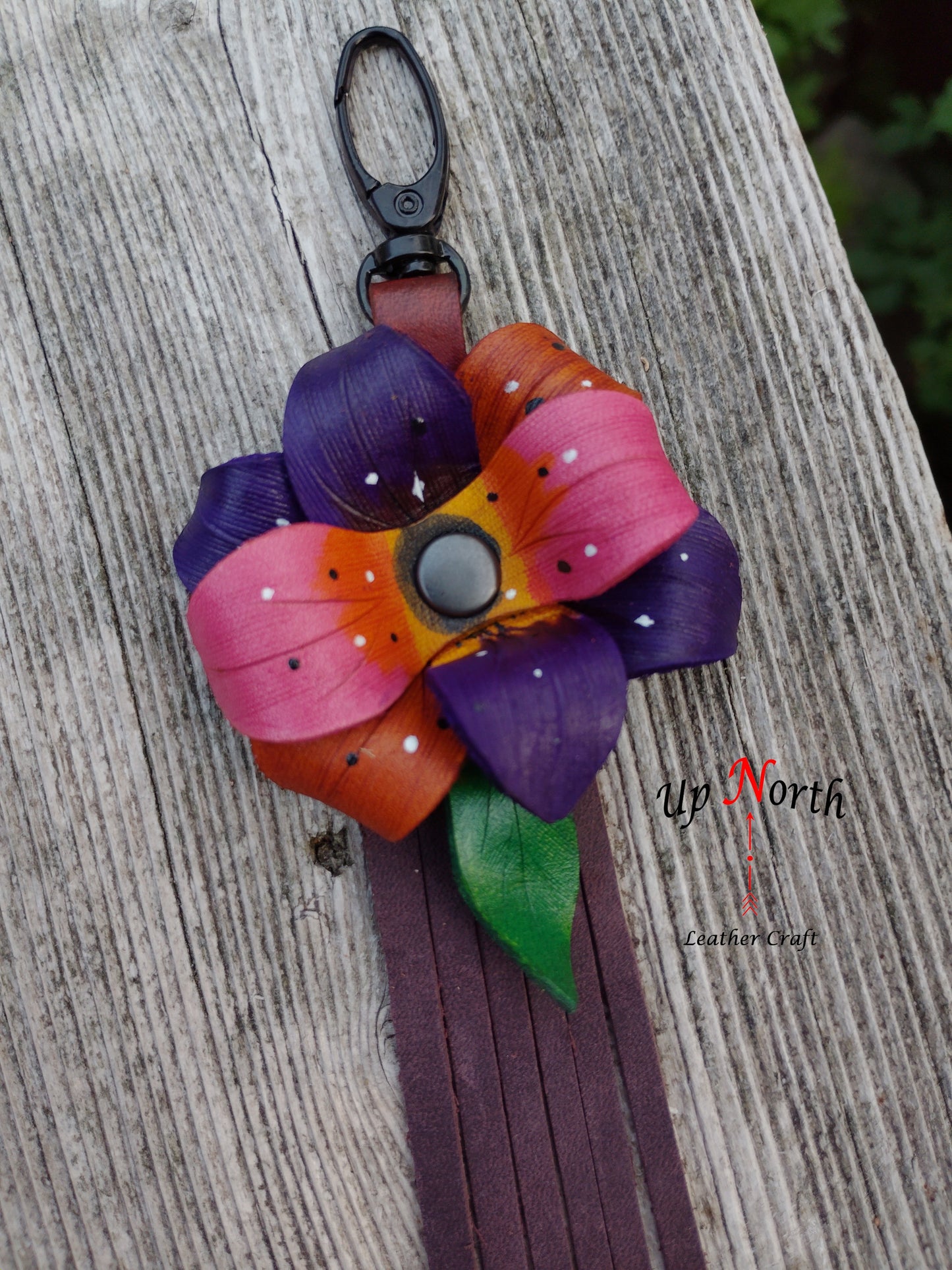 (12PC25) Leather Flower Purse Charm - Purple Power!