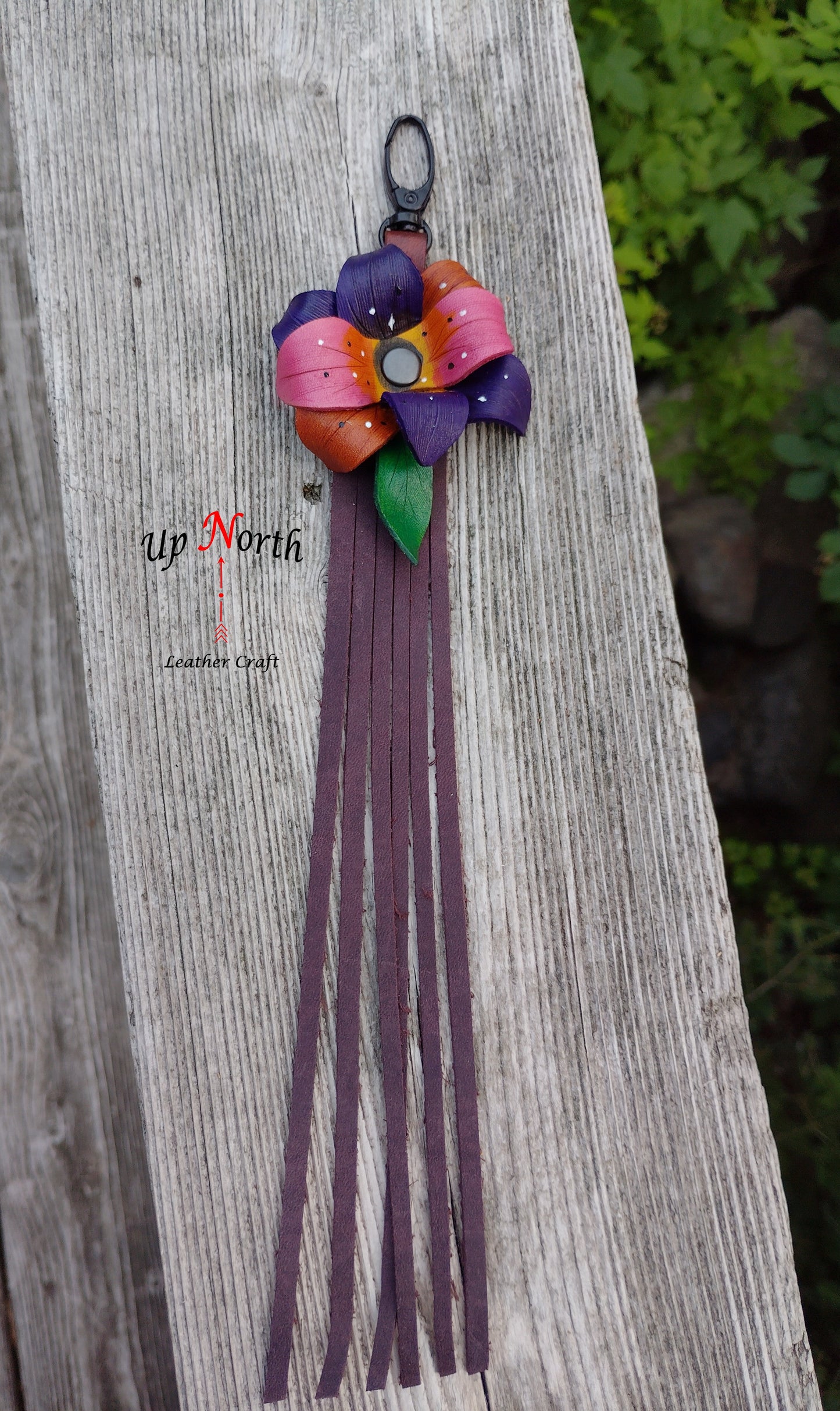 (12PC25) Leather Flower Purse Charm - Purple Power!