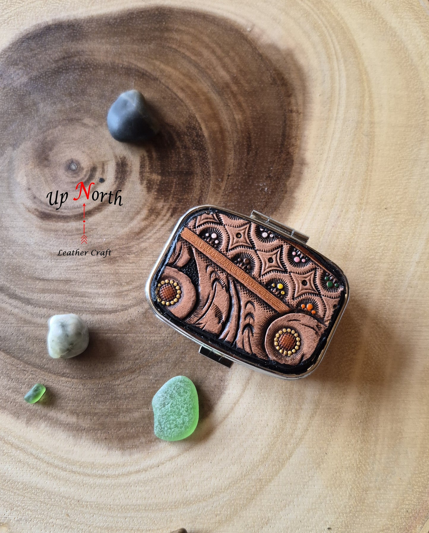 (12PP25) Metal Pill Box with Leather Patch - Classic Leather