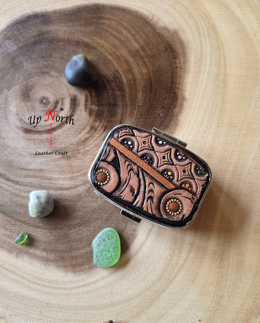 (12PP25) Metal Pill Box with Leather Patch - Classic Leather