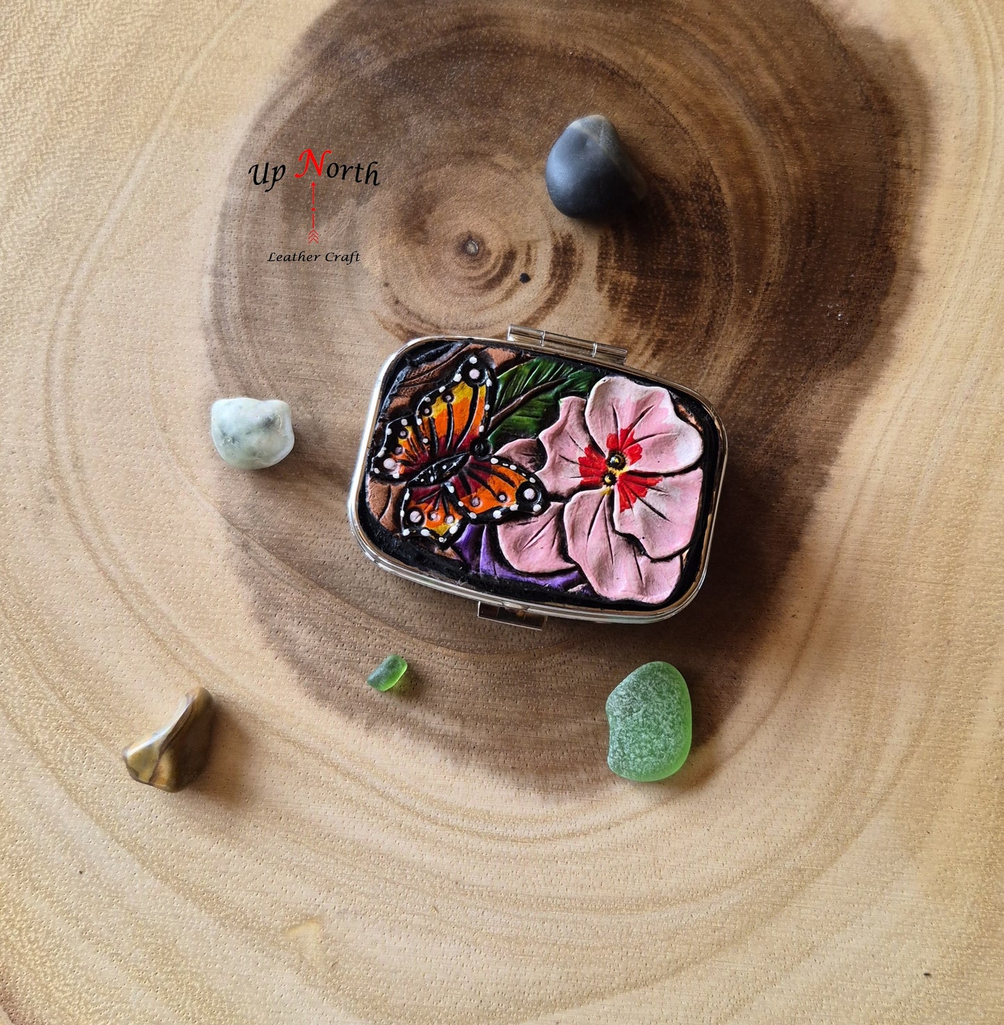 (13PP25) Metal Pill Box with Leather Patch - Pink Pansy Butterfly