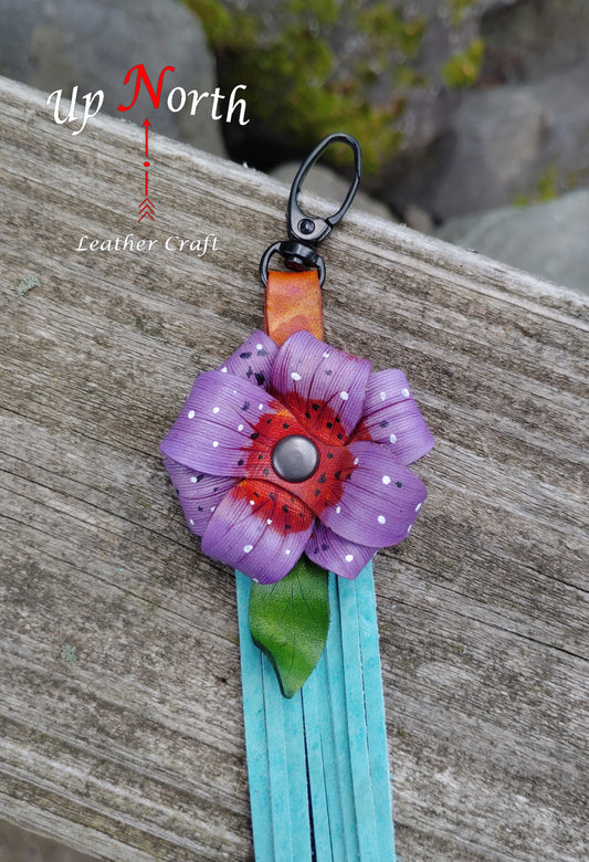 (15PC24) Handmade Leather Purse Charm - Purple Flower Turquoise Streamer