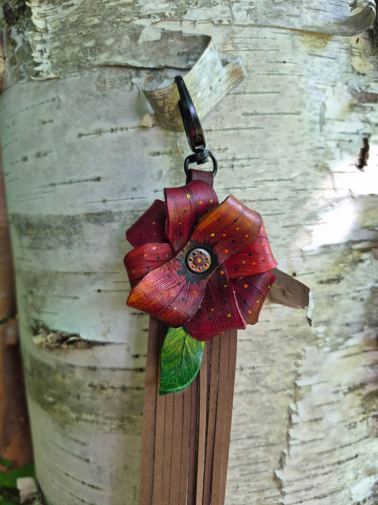 (15PC26) Leather Flower Purse Charm - Ruby Red