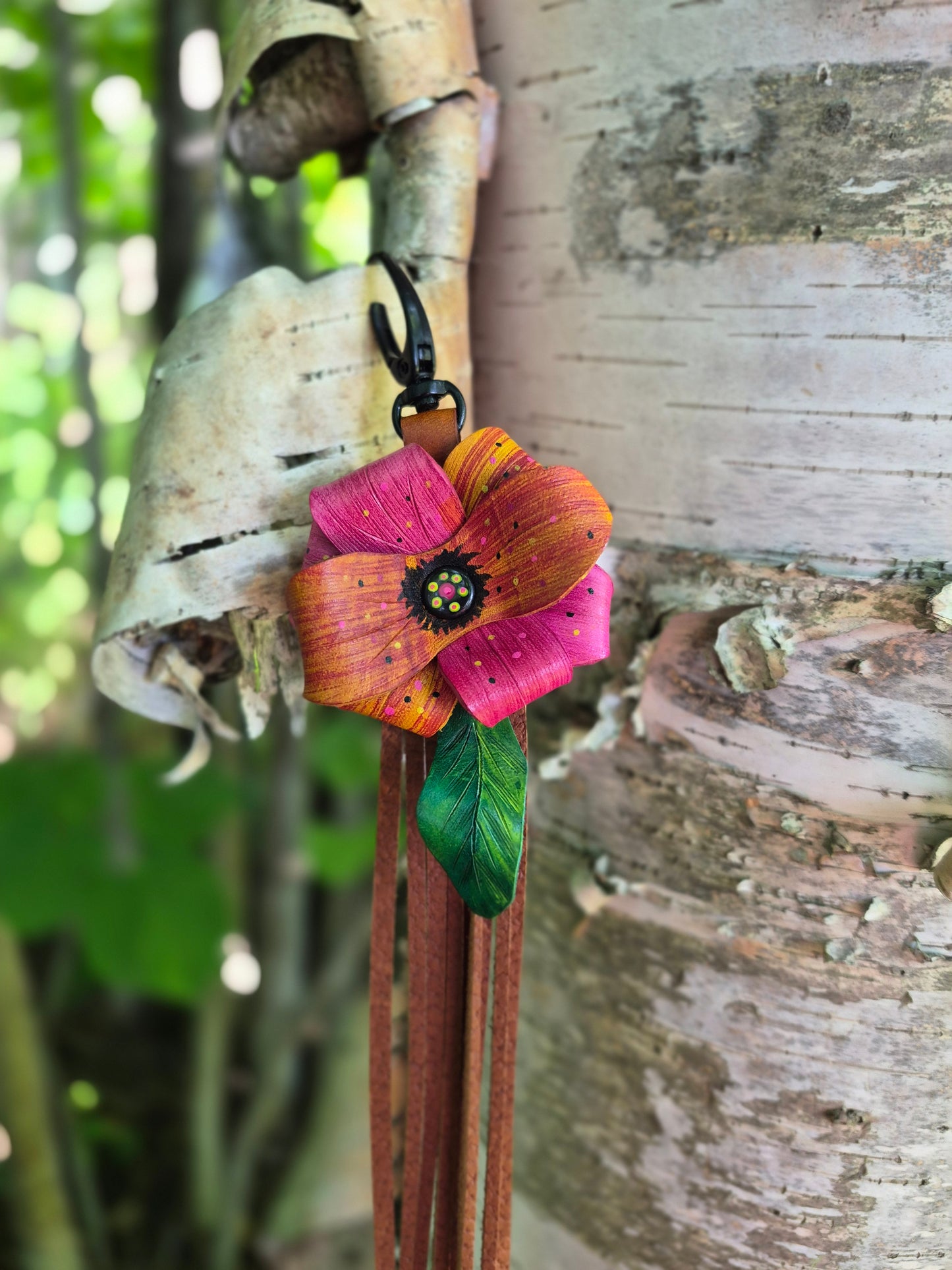 (17PC26) Leather Flower Purse Charm - Pretty in Pink
