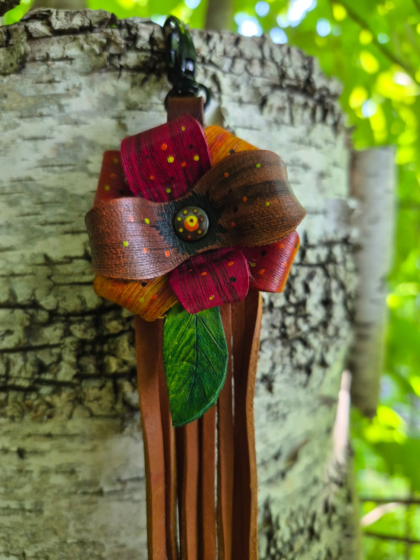 (19PC26) Leather Flower Purse Charm - Red Earth