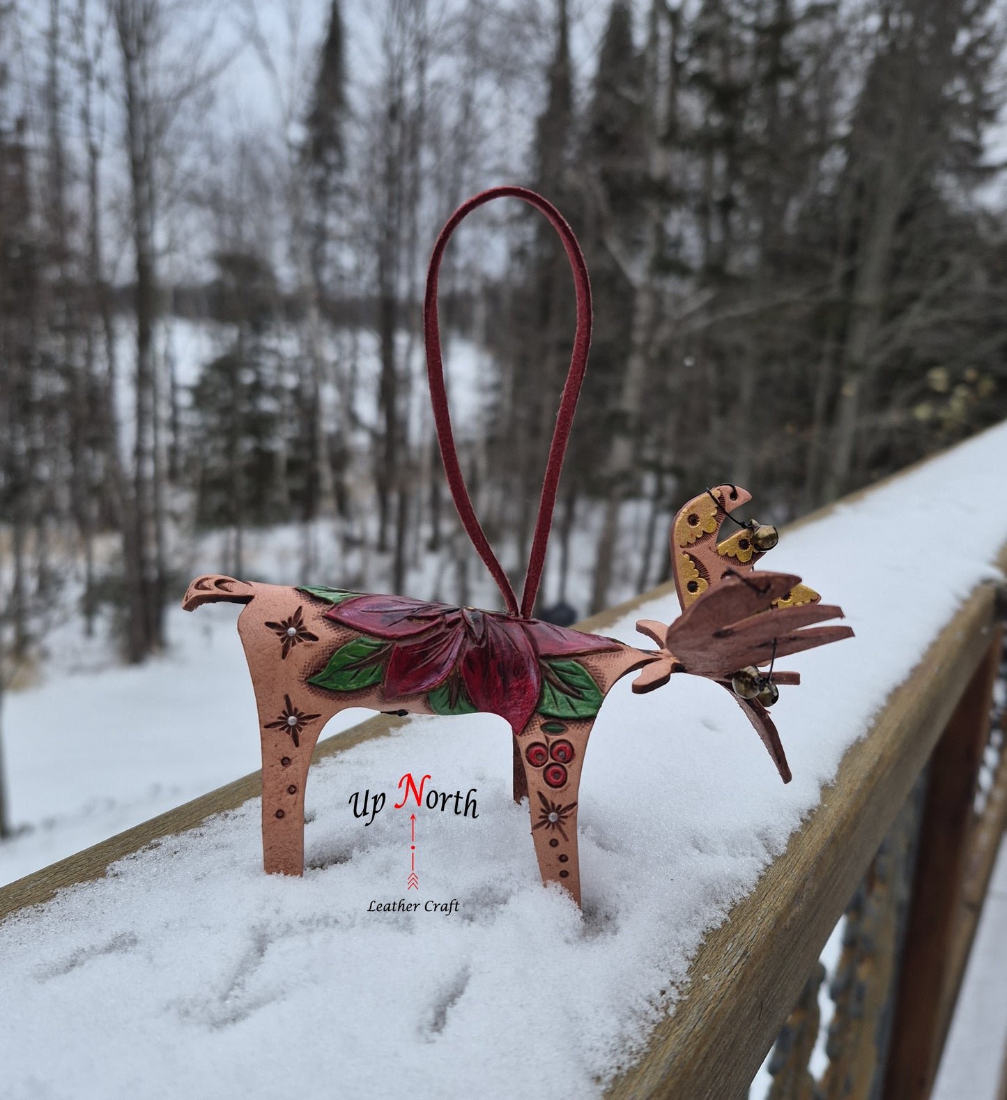 (21OM25) Leather Moose Ornament - Red Poinsettia