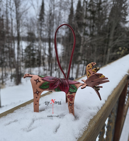 (21OM25) Leather Moose Ornament - Red Poinsettia