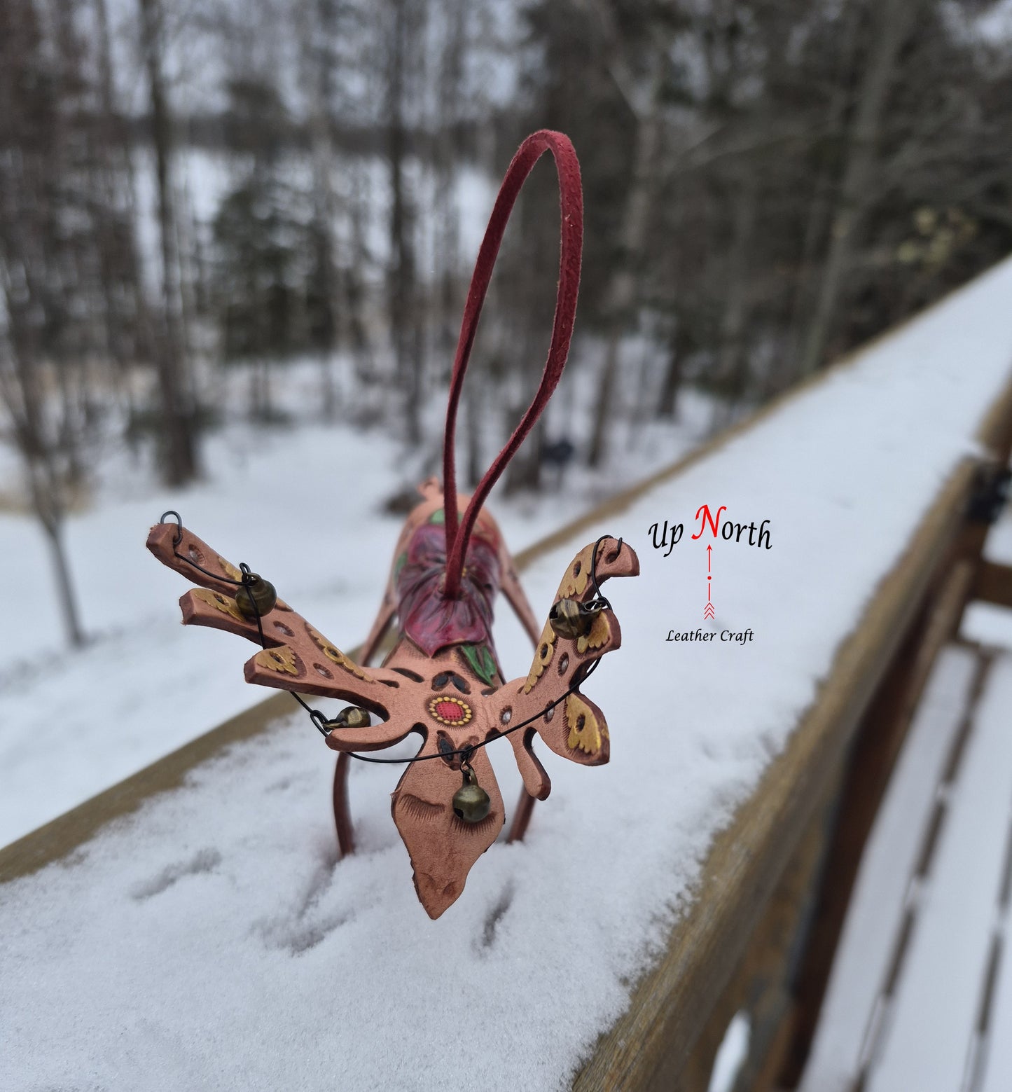 (21OM25) Leather Moose Ornament - Red Poinsettia