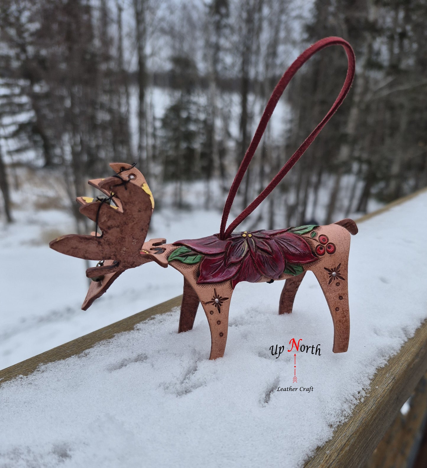 (21OM25) Leather Moose Ornament - Red Poinsettia