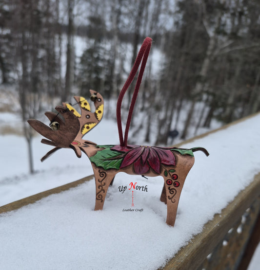 (25OM25) Leather Moose Ornament - Red Poinsettia