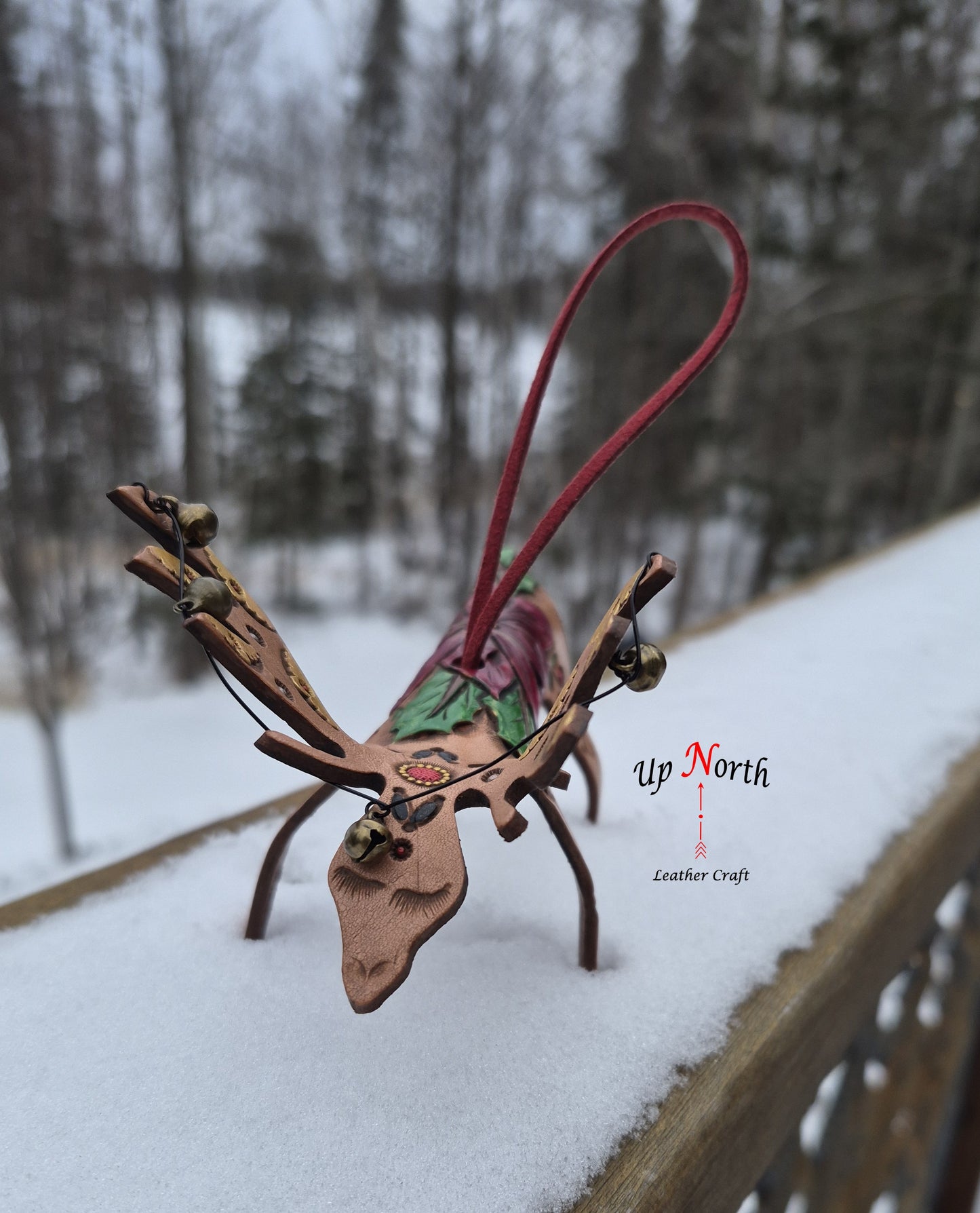 (25OM25) Leather Moose Ornament - Red Poinsettia