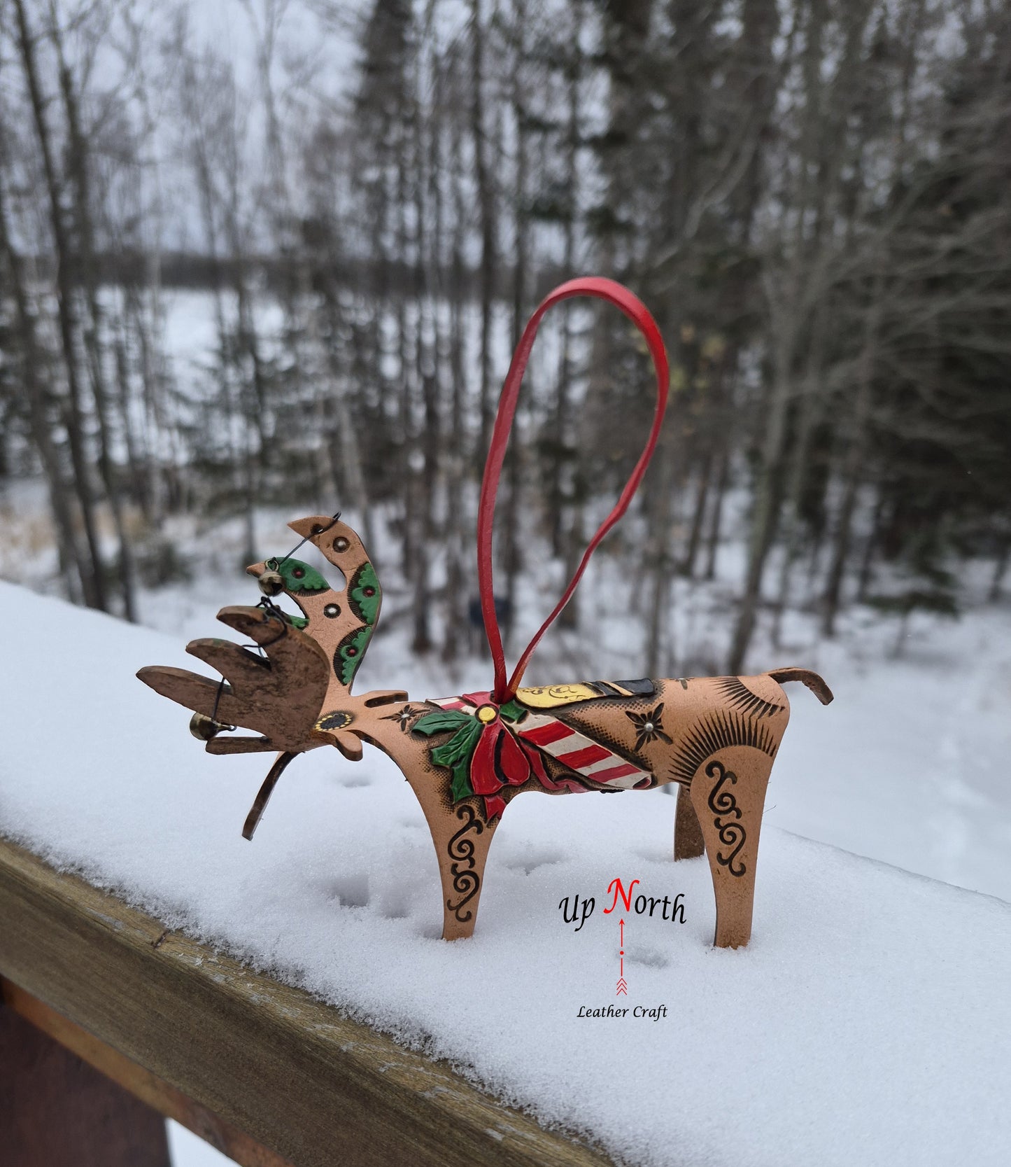 (26OM25) Leather Moose Ornament - Candy Cane Bell