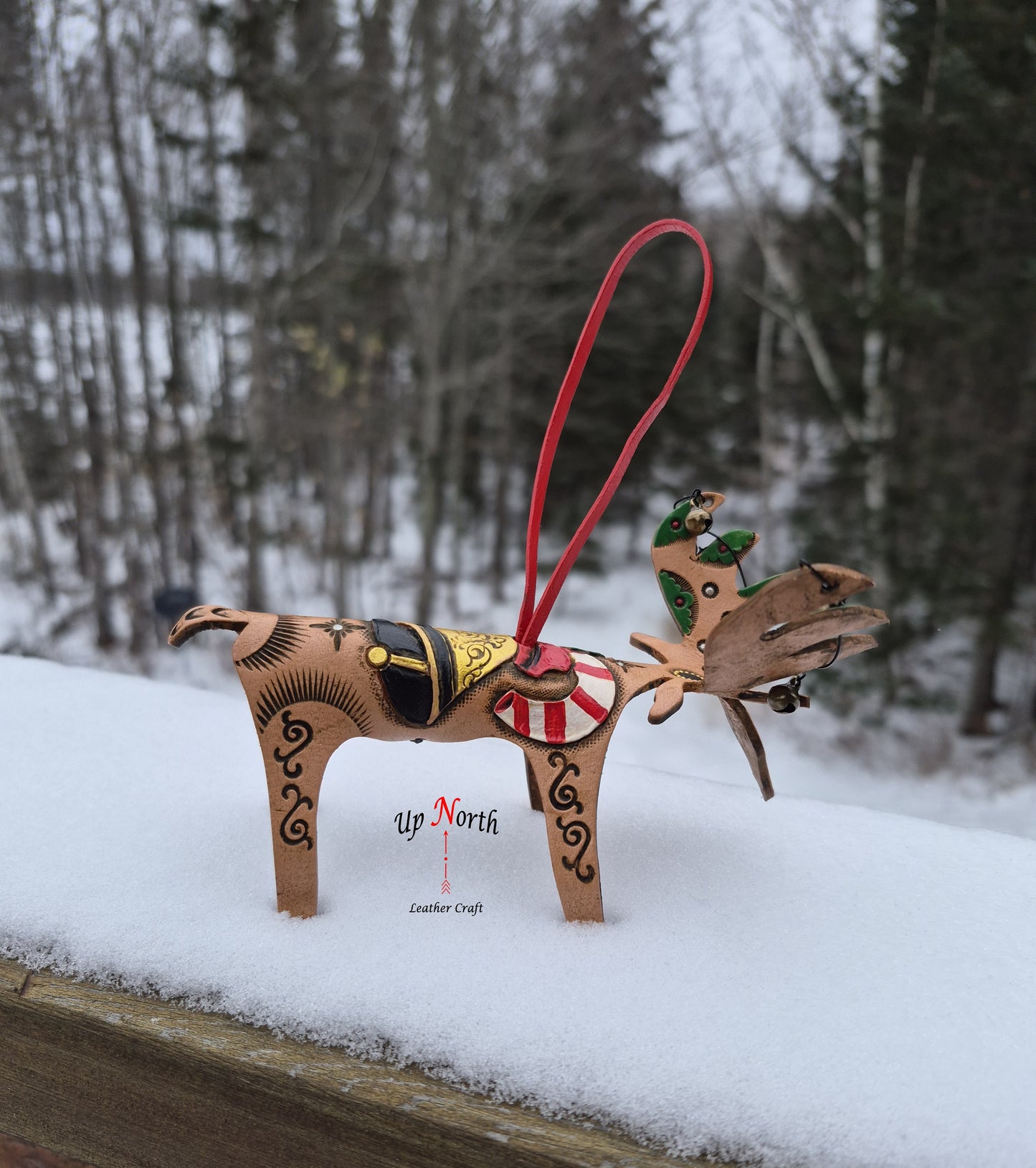 (26OM25) Leather Moose Ornament - Candy Cane Bell