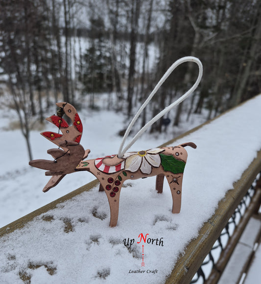 (27OM25) Leather Moose Ornament - White Flower Candy Cane