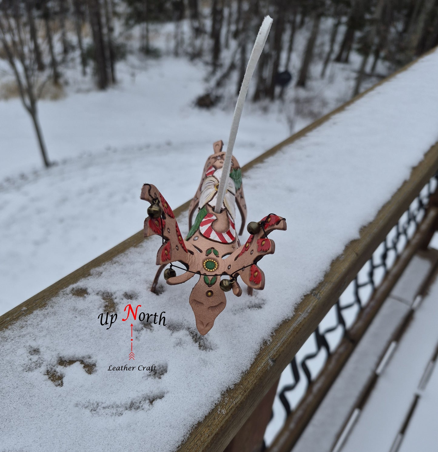 (27OM25) Leather Moose Ornament - White Flower Candy Cane