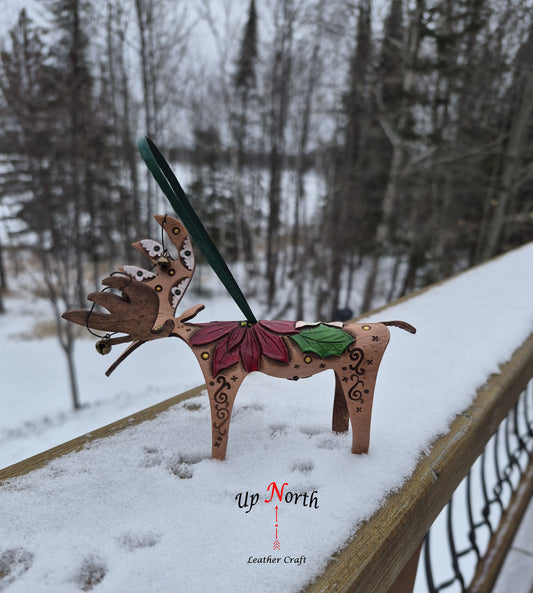 (28OM25) Leather Moose Ornament - Red White Poinsettias