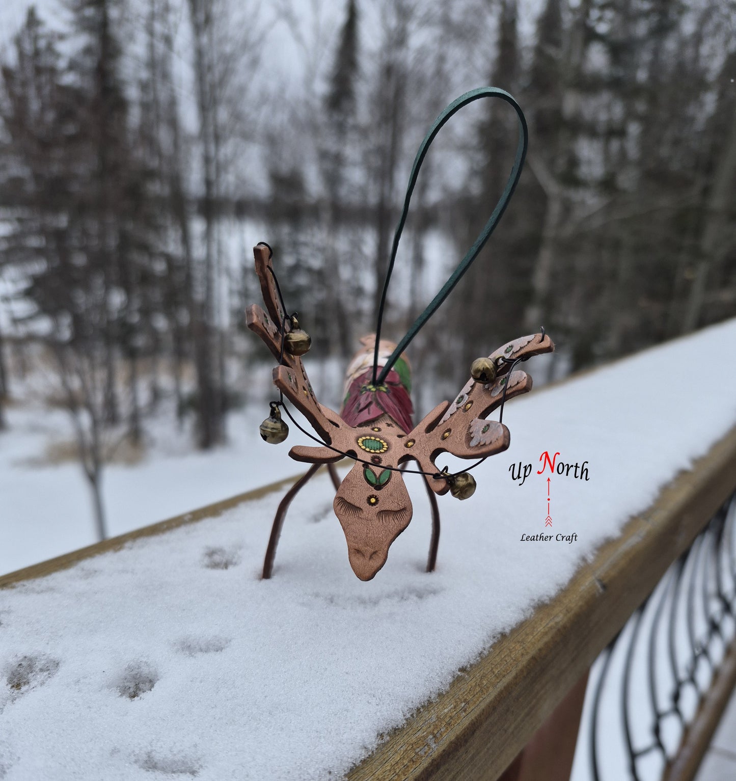 (28OM25) Leather Moose Ornament - Red White Poinsettias