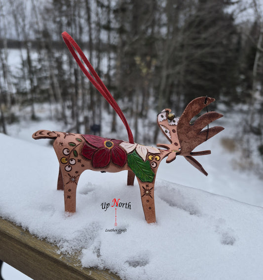 (30OM25) Leather Moose Ornament - Poinsettias