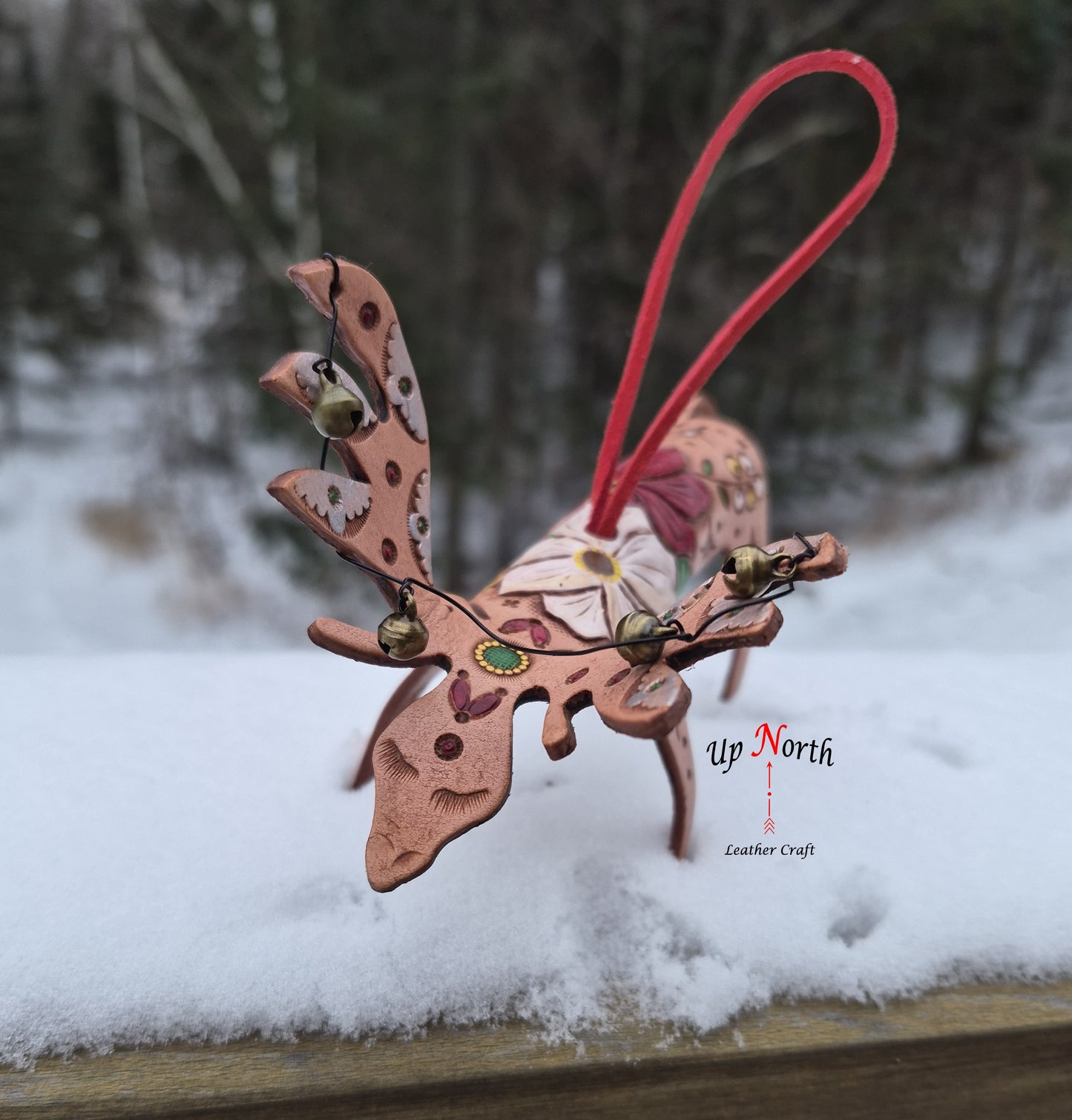 (30OM25) Leather Moose Ornament - Poinsettias