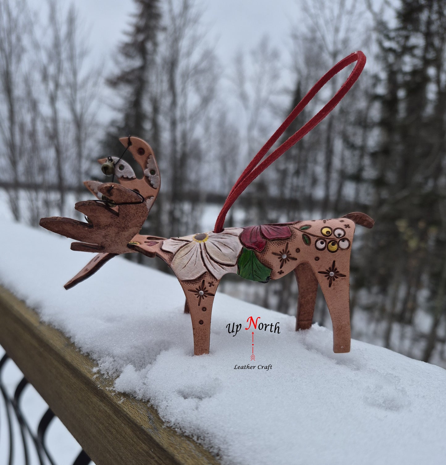 (30OM25) Leather Moose Ornament - Poinsettias