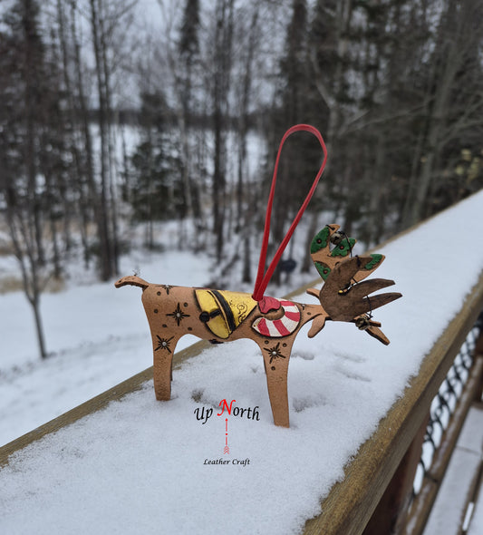 (31OM25) Leather Moose Ornament - Candy Cane Gold Bell