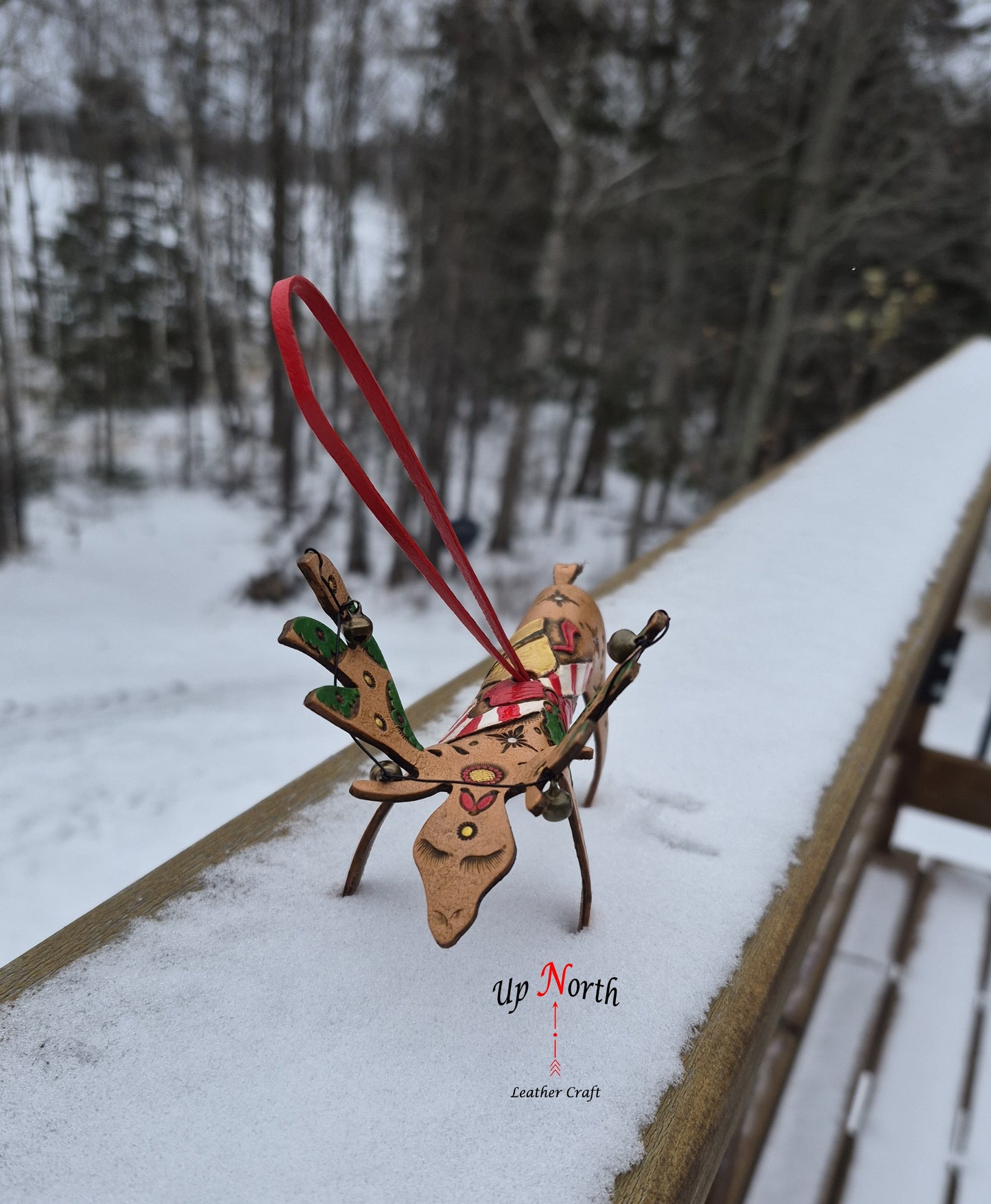 (31OM25) Leather Moose Ornament - Candy Cane Gold Bell