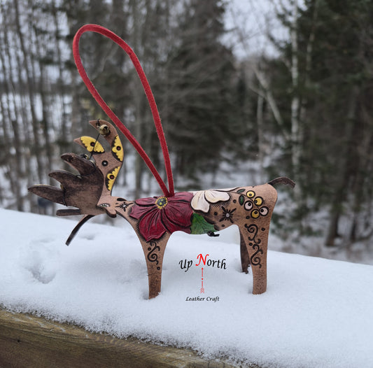(32OM25) Leather Moose Ornament - Red and White Poinsettias