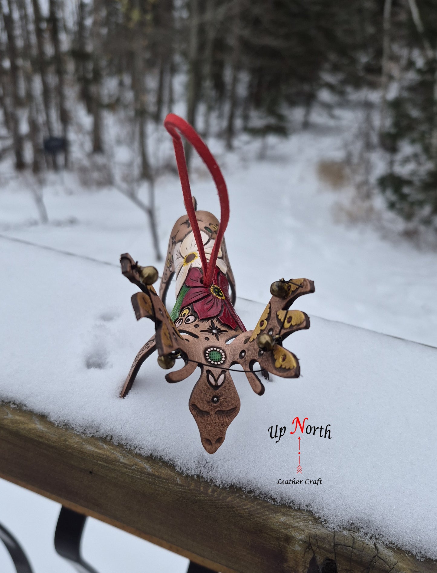 (32OM25) Leather Moose Ornament - Red and White Poinsettias