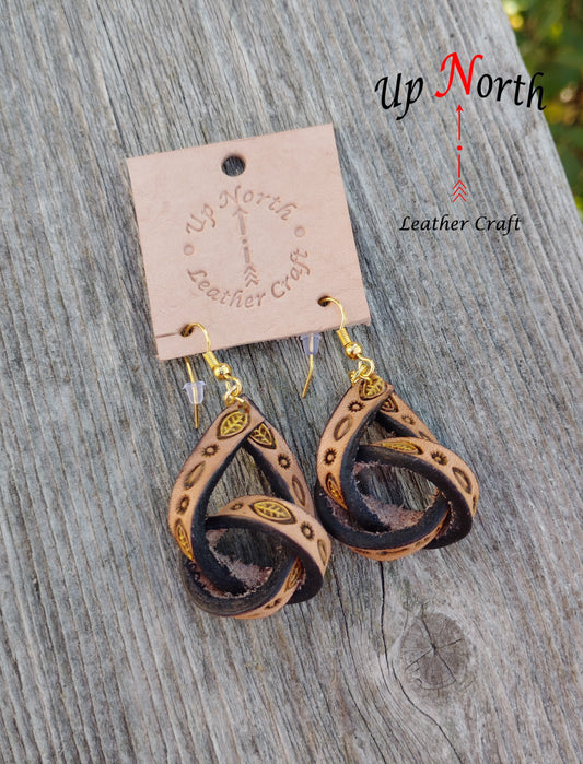 (33ER24) Handmade Leather Earrings - Gold Leaf Tangles