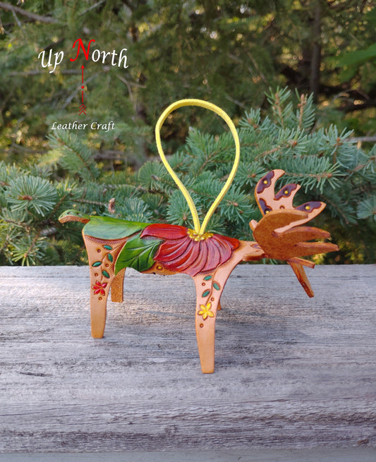 (36OM24) Handmade Leather Moose Ornament - Mexican Sunflower with Yellow Handle