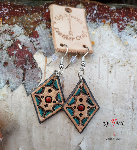 (04ER24) Hand Tooled Leather Earrings - Southwest