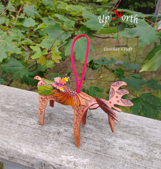 (40OM24) Handmade Leather Moose Ornament - Sunflower with Red Handle