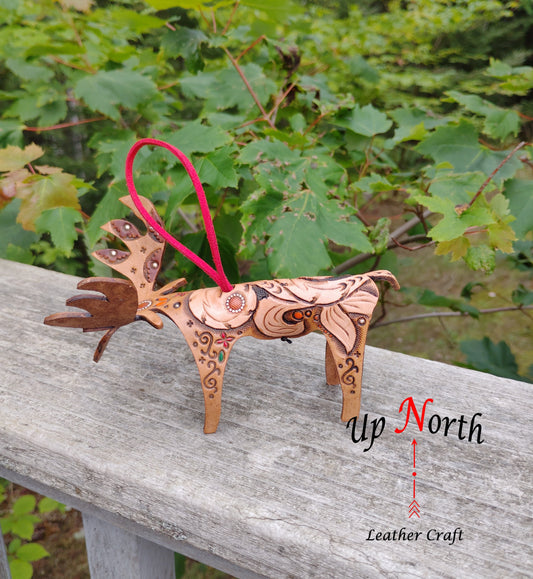 (43OM24) Handmade Leather Moose Ornament - Scrolls with Red Handle