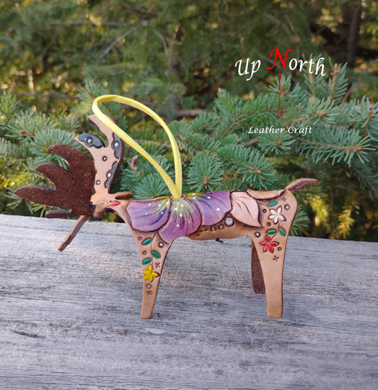 (44OM24) Handmade Leather Moose Ornament - Purple Pansy with Yellow Handle