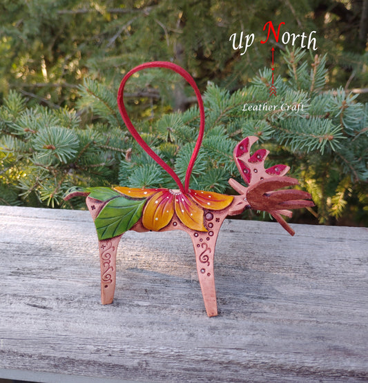 (45OM24) Handmade Leather Moose Ornament - Yellow Flower with Red Handle