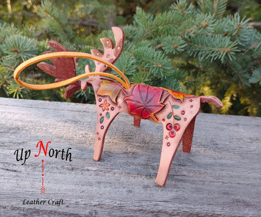 (47OM24) Handmade Leather Moose Ornament - Fall Leaves