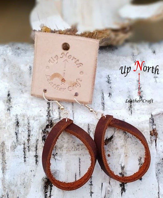 (02ER24) Handmade Leather Loop Earrings - Rust Red