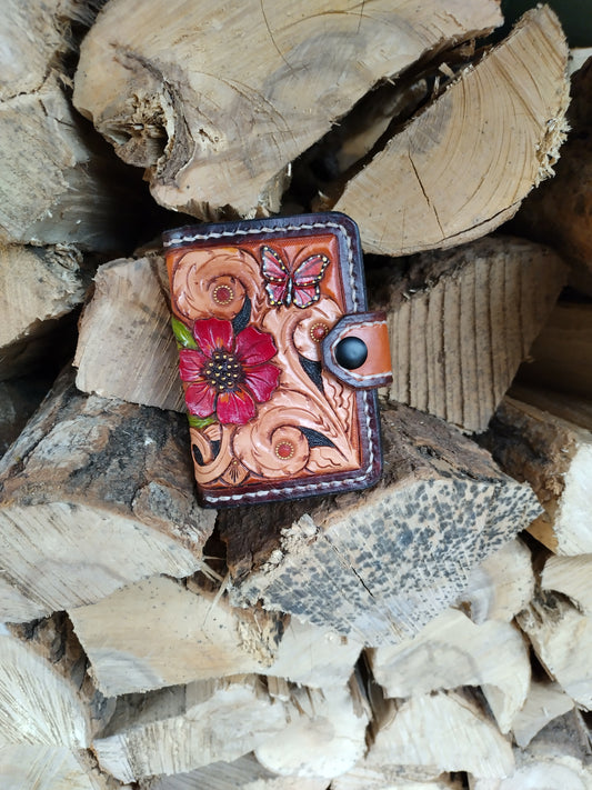 (01TSW24) Handmade Tooled Card Wallet - Red Flower & Butterfly