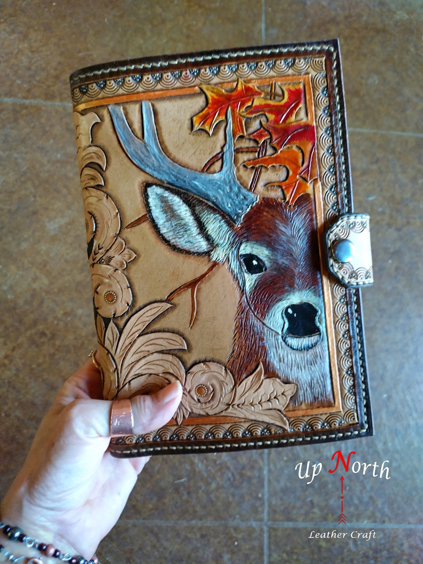 (01JL24) Hand Tooled Large Leather Journal - Hiding Deer