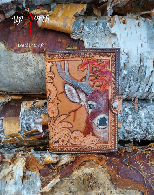 (01JL24) Hand Tooled Large Leather Journal - Hiding Deer