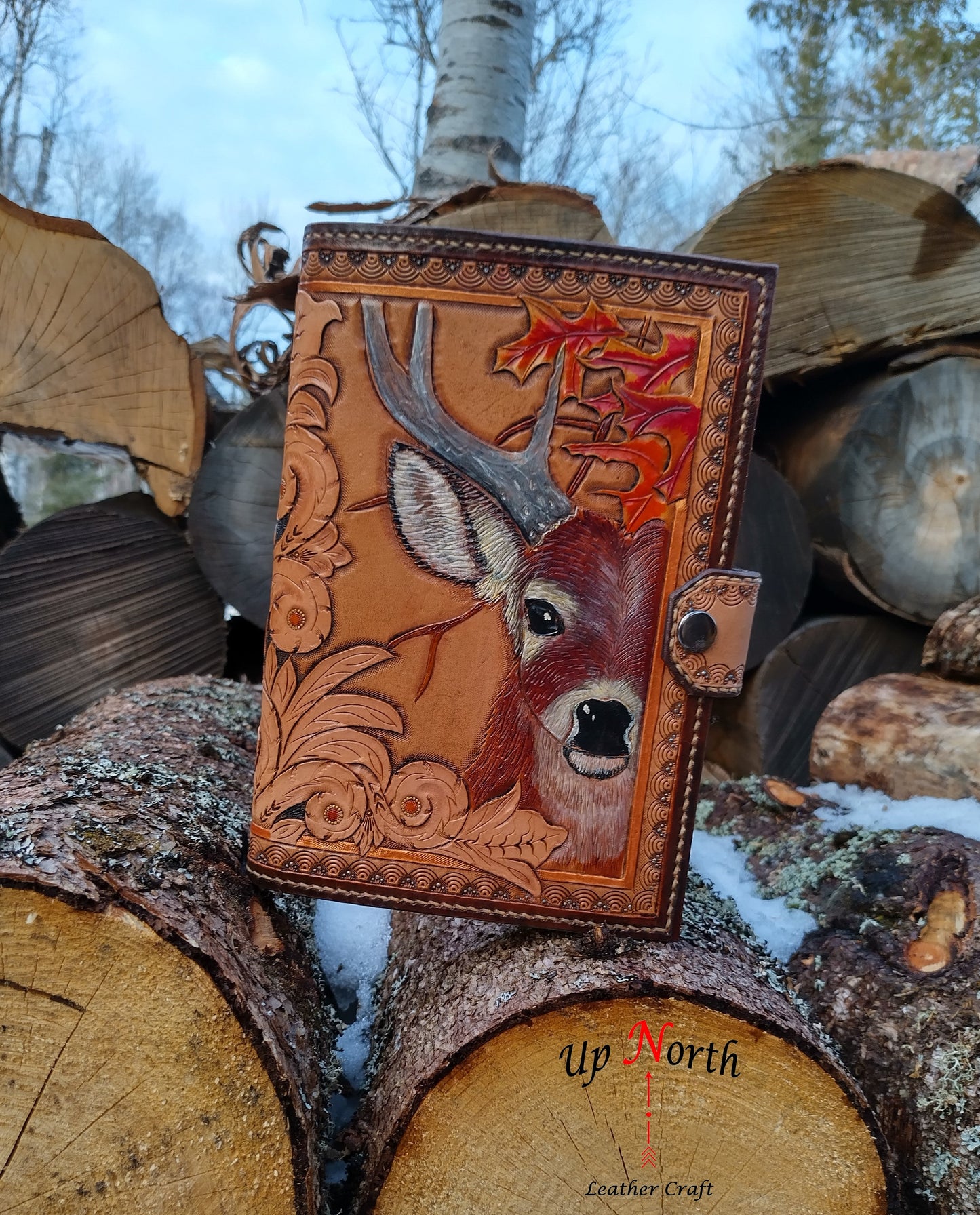 (01JL24) Hand Tooled Large Leather Journal - Hiding Deer