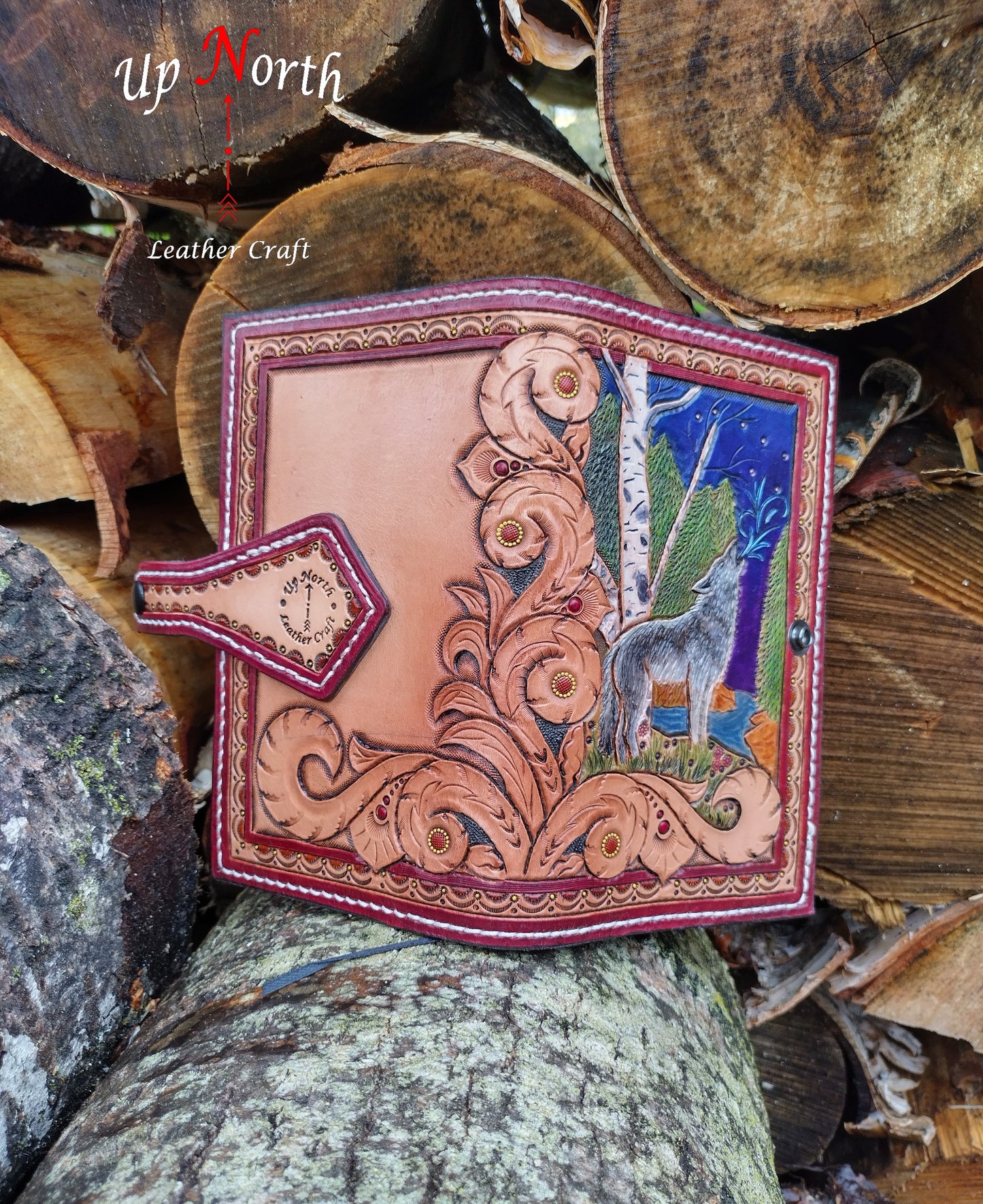 (01JM24) Hand Tooled Medium Leather Journal - Summer Wolf