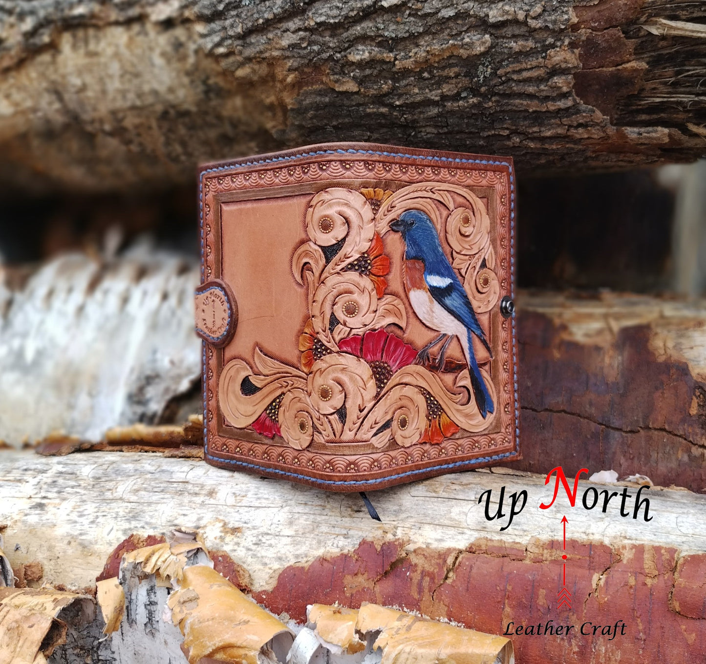 (01JS24) Hand Tooled Small Leather Journal - Lazuli Bunting